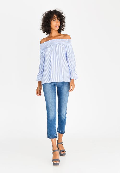 c(inch) - Striped Bardot Blouse Blue and White