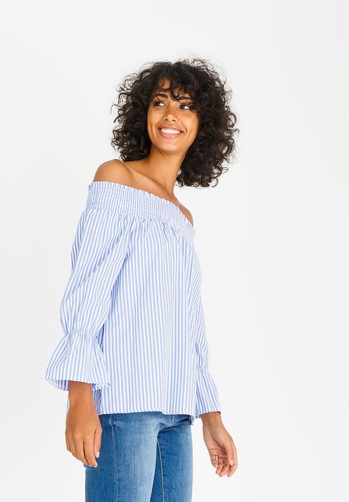 c(inch) - Striped Bardot Blouse Blue and White