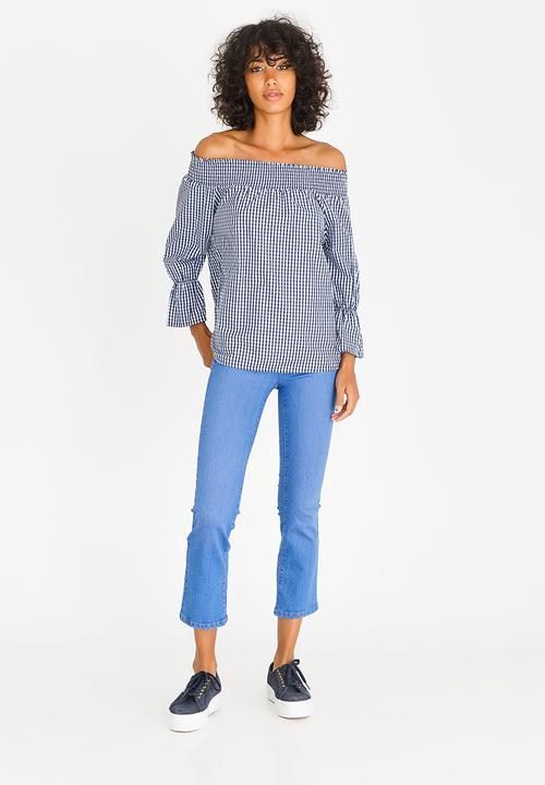 c(inch) - Checked Bardot Blouse Navy & White