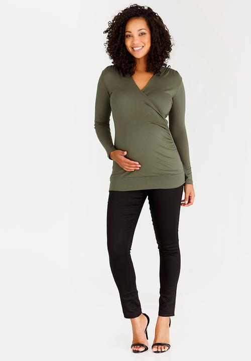 edit Maternity - Cross-Over Front Top with Gauging Detail Khaki Green