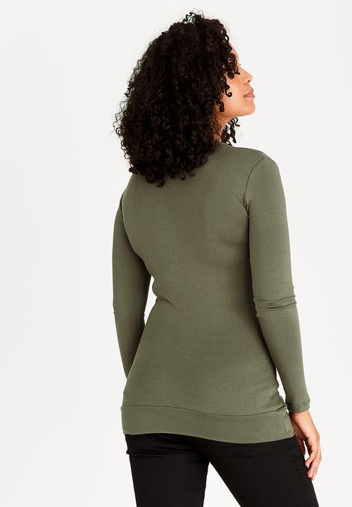 edit Maternity - Cross-Over Front Top with Gauging Detail Khaki Green