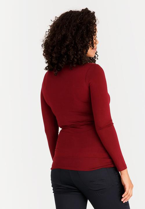 Cherry Melon - Longsleeve Gauged Wrap Top Burgundy