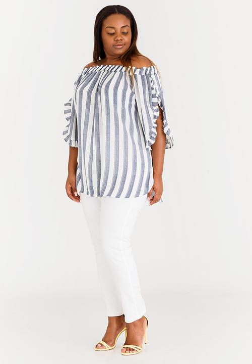 Slick - Elena Tunic with Frill Sleeve Detail Blue and White