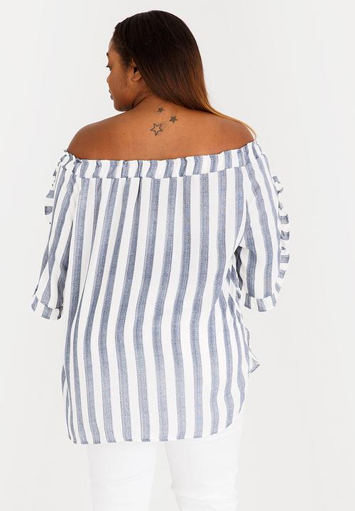 Slick - Elena Tunic with Frill Sleeve Detail Blue and White