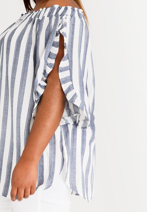 Slick - Elena Tunic with Frill Sleeve Detail Blue and White