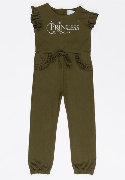 See-Saw - Fleece Jumpsuit with Ruffle Detail Khaki Green