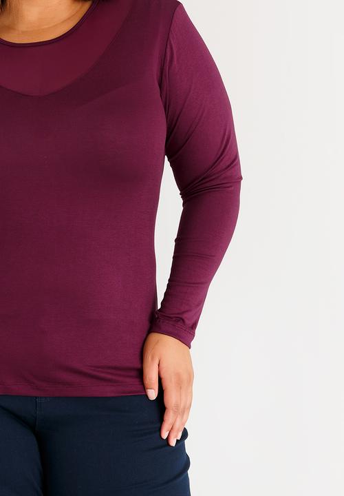 STYLE REPUBLIC PLUS - Mesh Inset Long Sleeve Top Dark Red