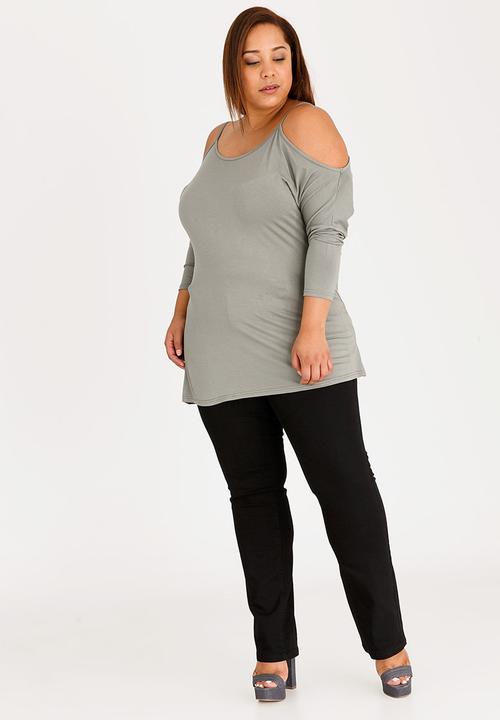 edit Plus - Cold Shoulder Long Sleeve Tee Grey