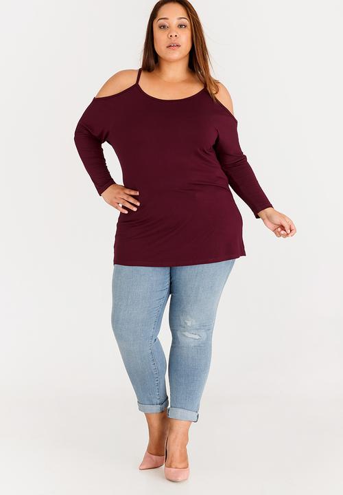 edit Plus - Cold Shoulder Long Sleeve Tee Burgundy