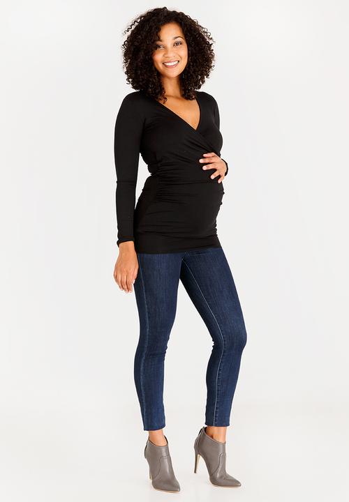 Cherry Melon - Maternity Gauged Wrap Top Long Sleeve - Black