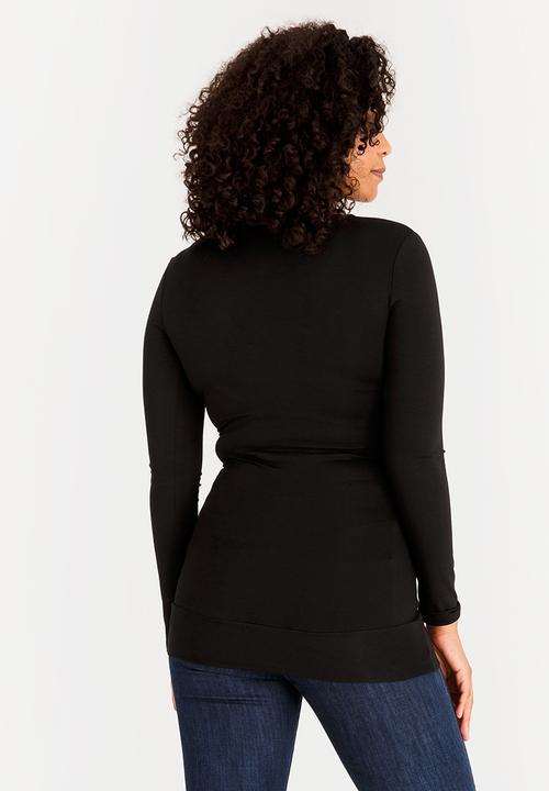 Cherry Melon - Maternity Gauged Wrap Top Long Sleeve - Black