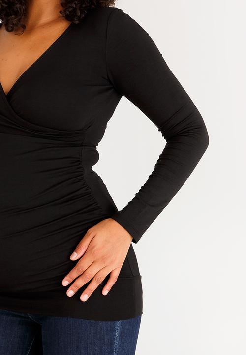 Cherry Melon - Maternity Gauged Wrap Top Long Sleeve - Black
