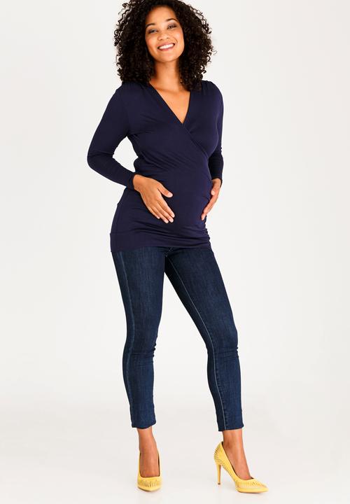 edit Maternity - Cross-Over Front Top with Gauging Detail Navy