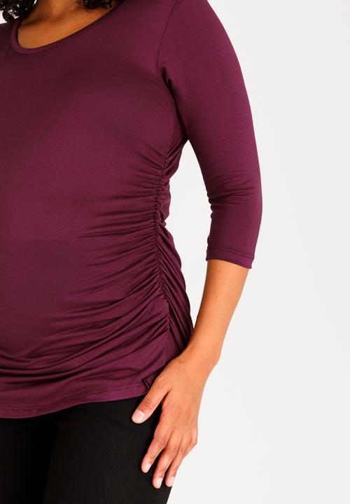edit Maternity - Side Ruched Tee with 3/4 Sleeve Burgundy