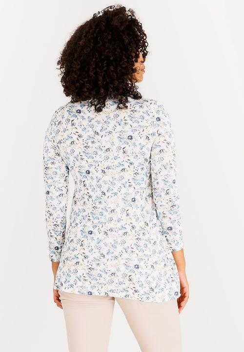 Cherry Melon - Printed Longsleeve Smock Detail Top Blue and White