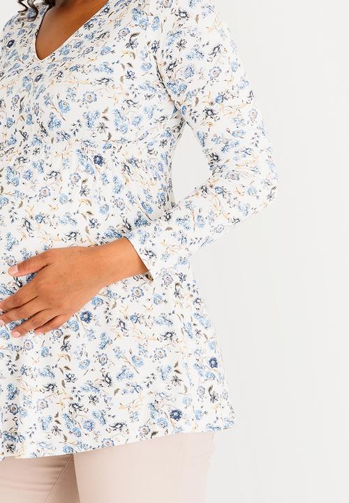 Cherry Melon - Printed Longsleeve Smock Detail Top Blue and White