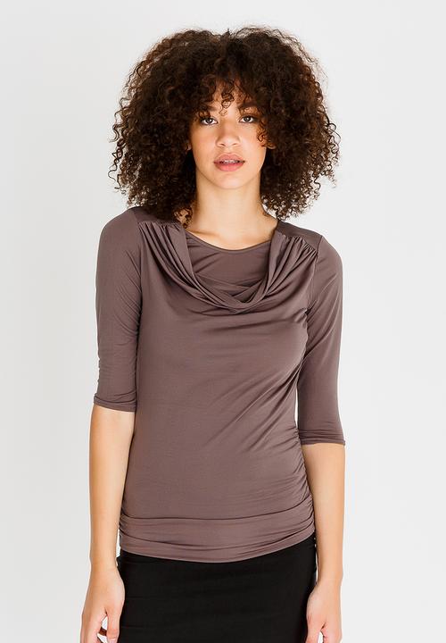 edit - 3/4 Sleeve Cowl Neckline Top Taupe