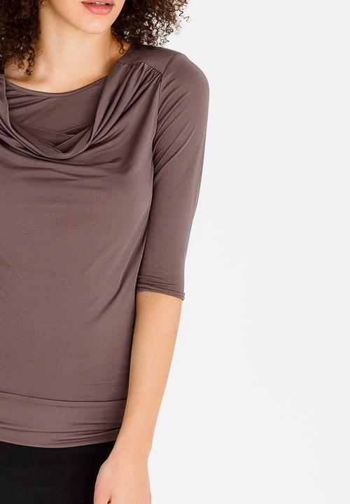 edit - 3/4 Sleeve Cowl Neckline Top Taupe