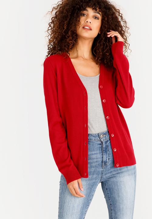 red fitted cardigan