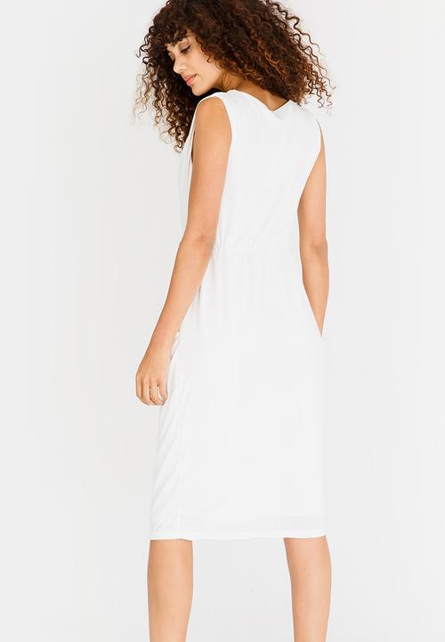 edit - Sleeveless Drape Dress with Trim Off White