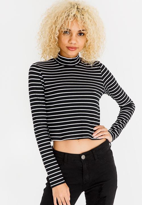 c(inch) - High Neck Striped T-shirt Black and White
