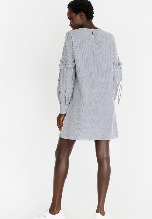 STYLE REPUBLIC - Striped Sleeve Detail Dress with Embroidery Blue and White