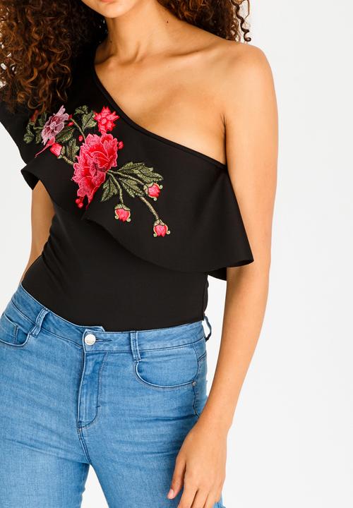STYLE REPUBLIC - One Shoulder Frill Bodysuit Black