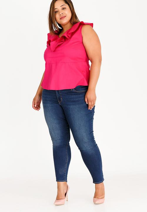 edit Plus - Cotton Blouse with Frill Neckline Cerise Pink