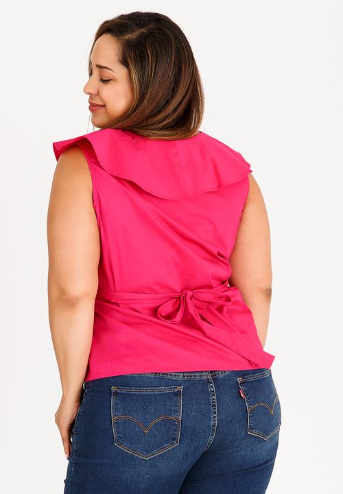 edit Plus - Cotton Blouse with Frill Neckline Cerise Pink
