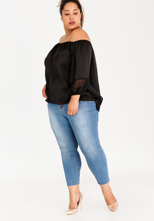 edit Plus - Bardot Satin Blouse with Lace Detail Black