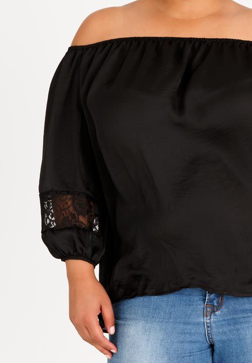 edit Plus - Bardot Satin Blouse with Lace Detail Black