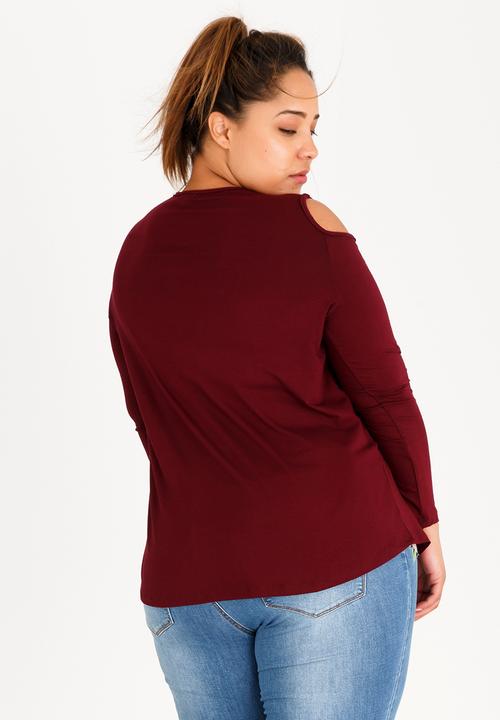 edit Plus - Cold Shoulder Tshirt Maroon