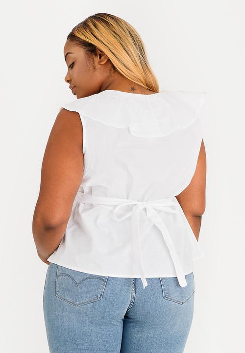edit Plus - Cotton Blouse with Frill Neckline White