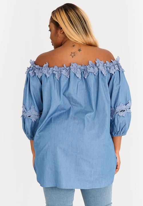 edit Plus - Crochette Trim Volume Sleeve Top Blue