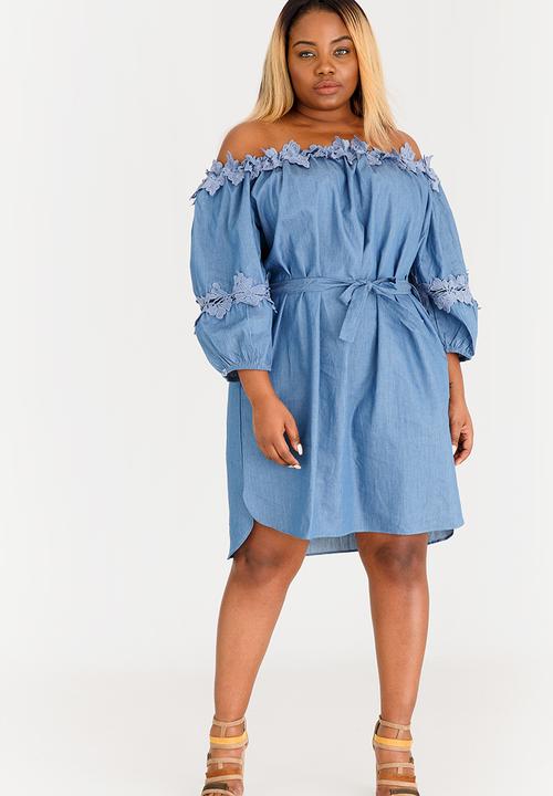 STYLE REPUBLIC PLUS - Crochet Trim Bardot Dress Mid Blue