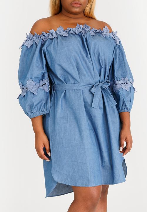 STYLE REPUBLIC PLUS - Crochet Trim Bardot Dress Mid Blue