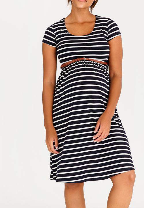 Cherry Melon - Belted Scoopneck Cap Sleeve Dress Navy & White