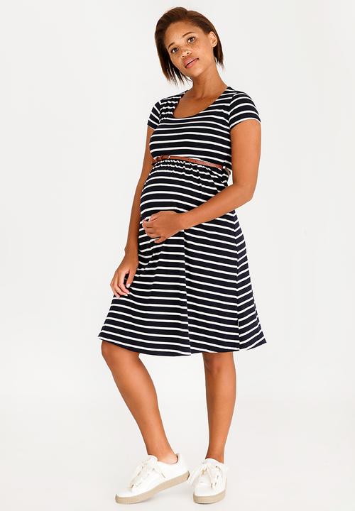 Cherry Melon - Belted Scoopneck Cap Sleeve Dress Navy & White