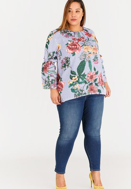 STYLE REPUBLIC PLUS - Floral and Stripe Print Blouse Blue and White