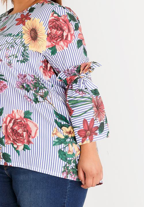 STYLE REPUBLIC PLUS - Floral and Stripe Print Blouse Blue and White