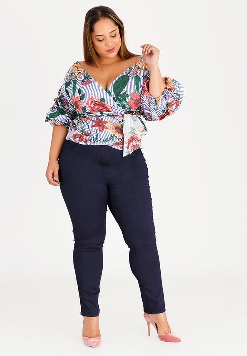 STYLE REPUBLIC PLUS - Striped Puff Sleeve Wrap Blouse Blue and White