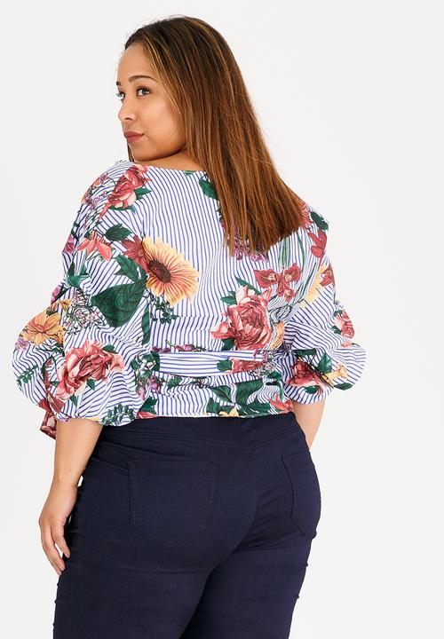STYLE REPUBLIC PLUS - Striped Puff Sleeve Wrap Blouse Blue and White