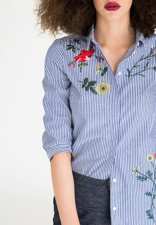 ONLY - Drive Embroidery Detail Shirt Blue and White