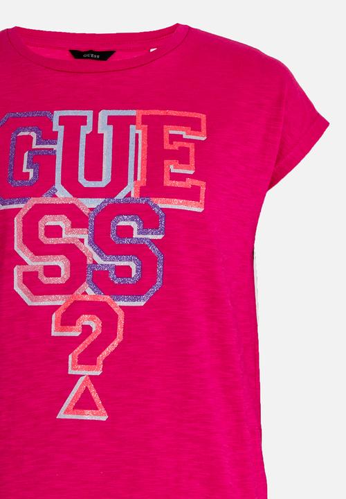 GUESS - Girls Guess Glitter Tee Dark Pink