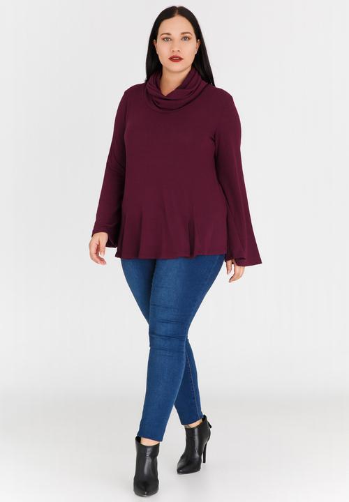 edit Plus - Cowl Neck Jersey Dark Red