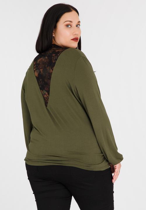 STYLE REPUBLIC PLUS - Lace Inset Wrap Blouse Khaki Green