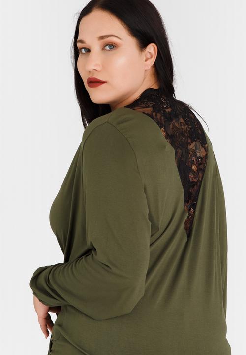 STYLE REPUBLIC PLUS - Lace Inset Wrap Blouse Khaki Green