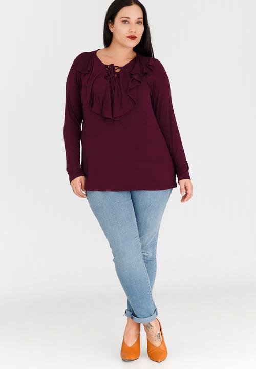 STYLE REPUBLIC PLUS - Frill Lace-Up Top Burgundy