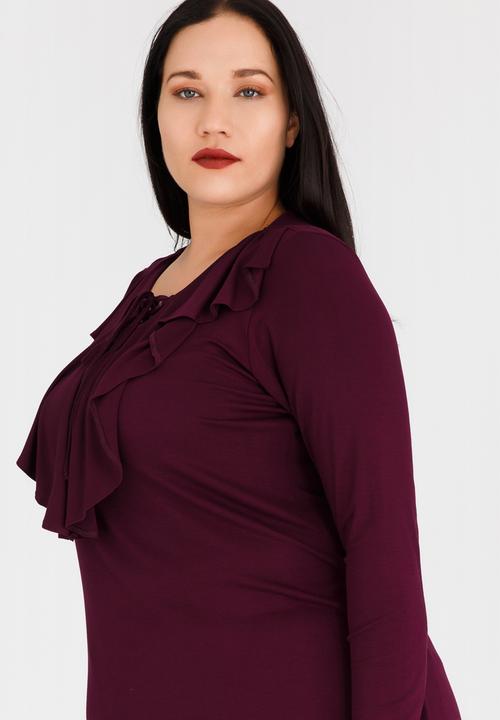 STYLE REPUBLIC PLUS - Frill Lace-Up Top Burgundy