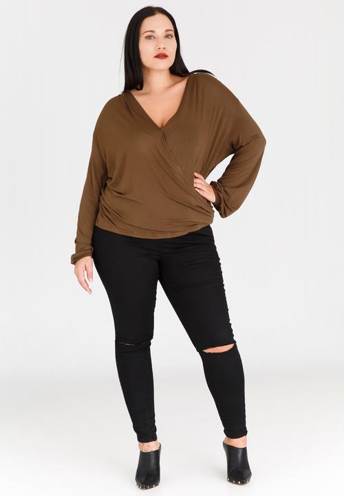 STYLE REPUBLIC PLUS - Lace Inset Wrap Blouse Brown